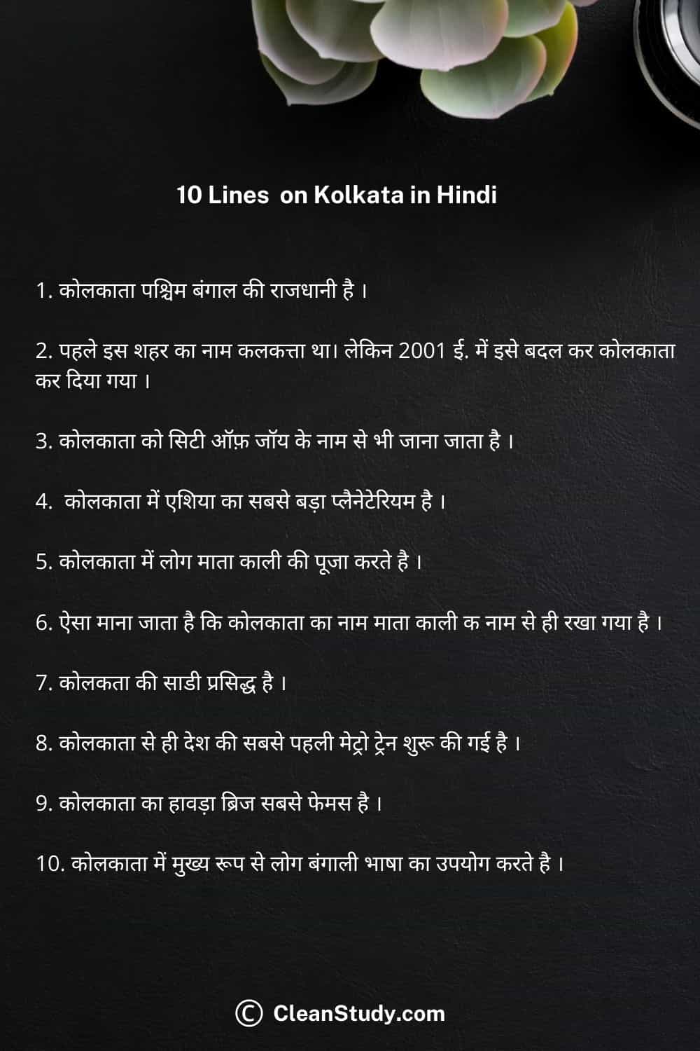 10 Lines on kolkata in hindi