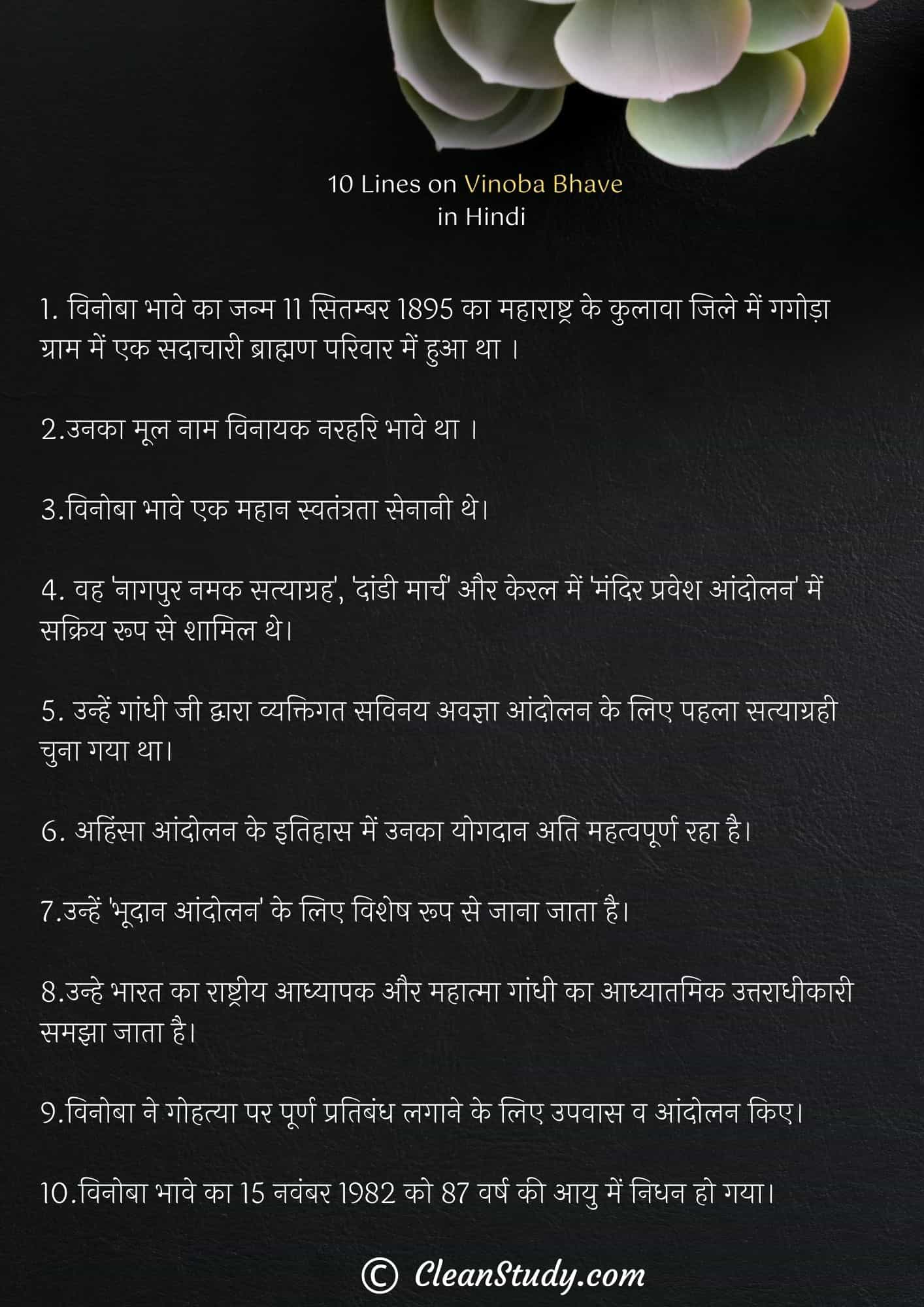 10 Lines on Vinoba Bhave in Hindi