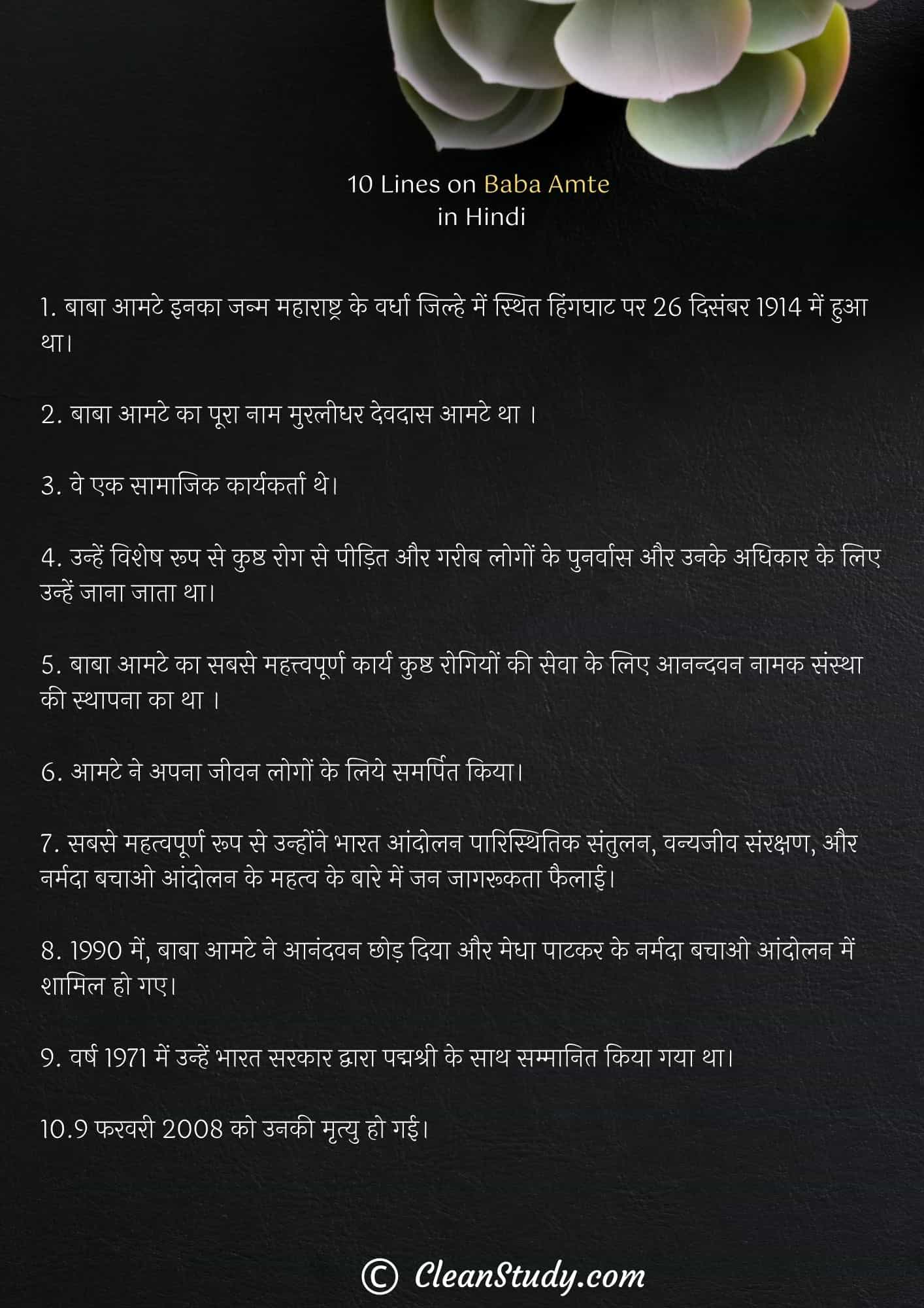 10 Lines on Baba Amte in Hindi