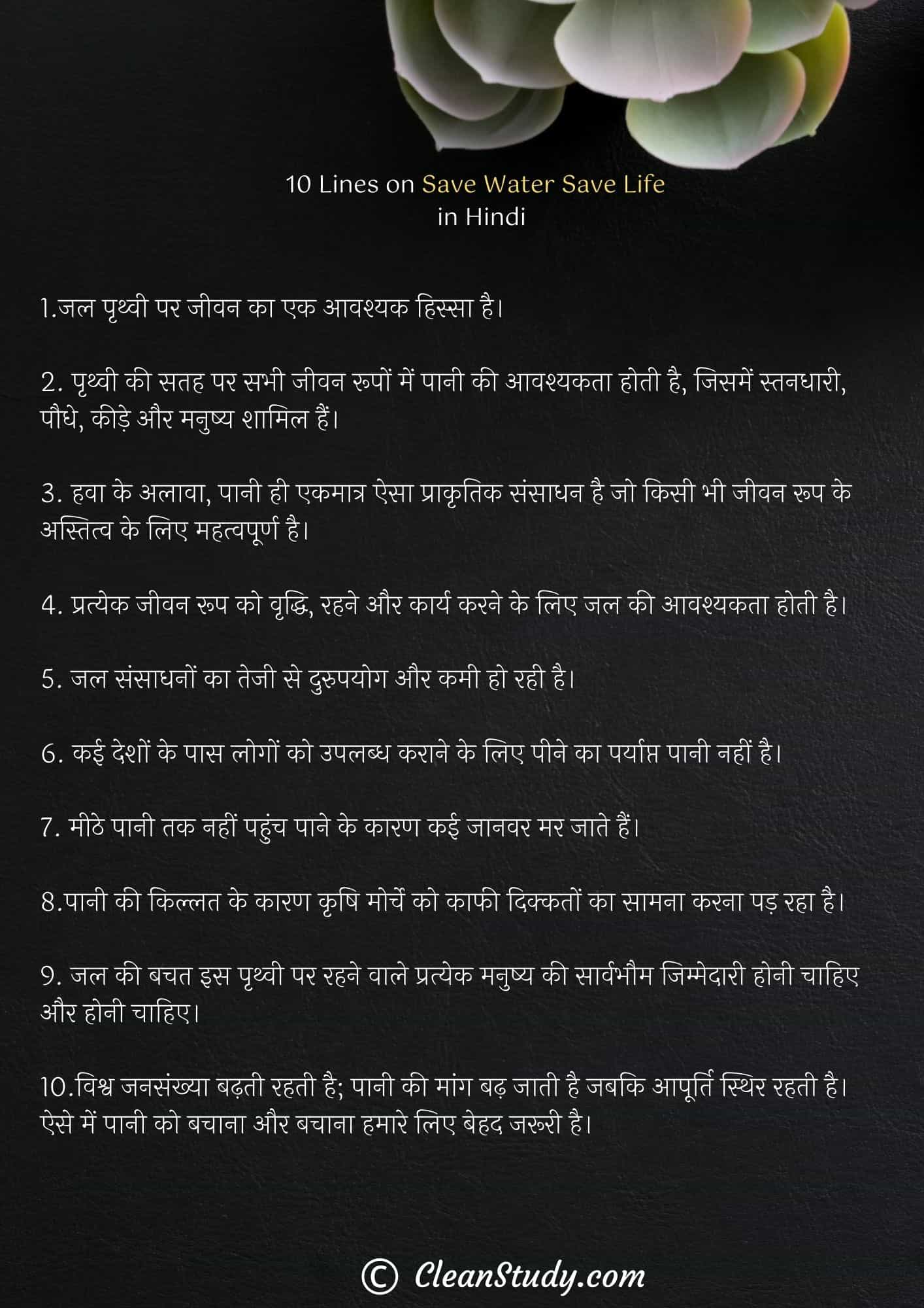 10 Lines on Save Water Save Life in Hindi