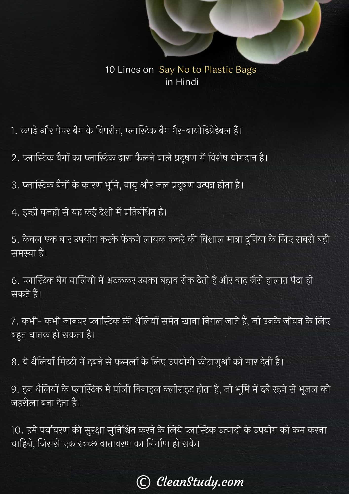 10 Lines on Say No to Plastic Bags in Hindi
