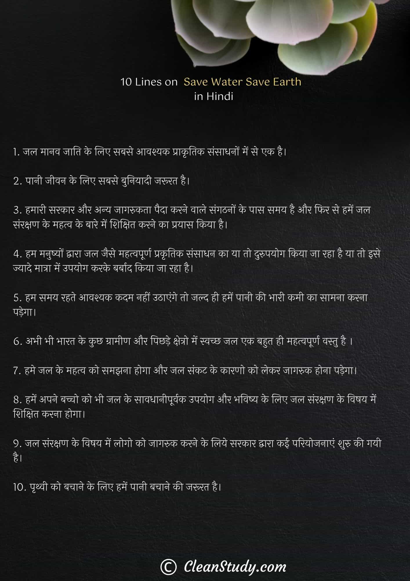 10 Lines on Save Water Save Earth in Hindi