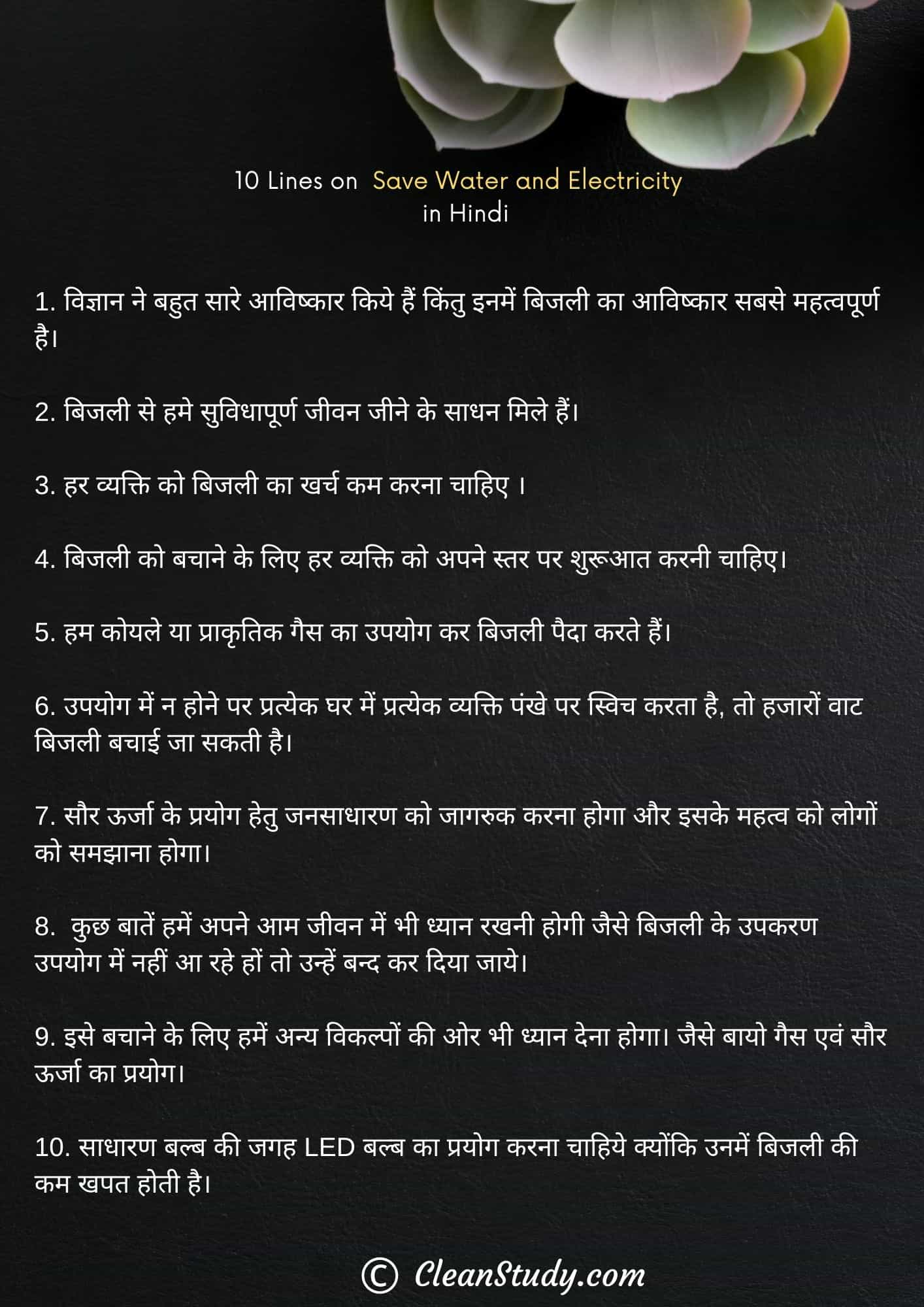 10 Lines on Save Water and Electricity in Hindi